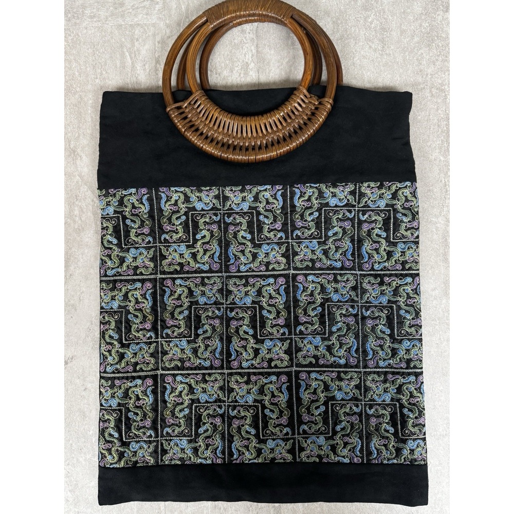 VTG Fabric Tote Bamboo Handles Boho Granola  Festival European Design